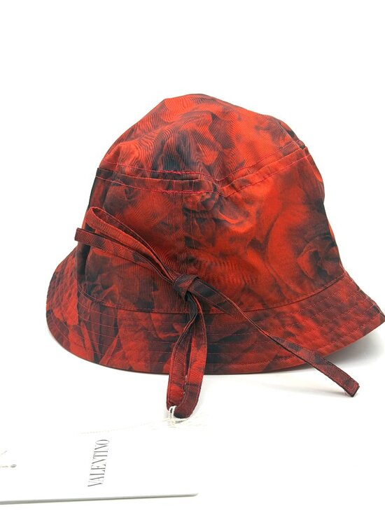 Valentino Garavani Nylon Red Floral Rose Print Bow Bucket Rain Hat
